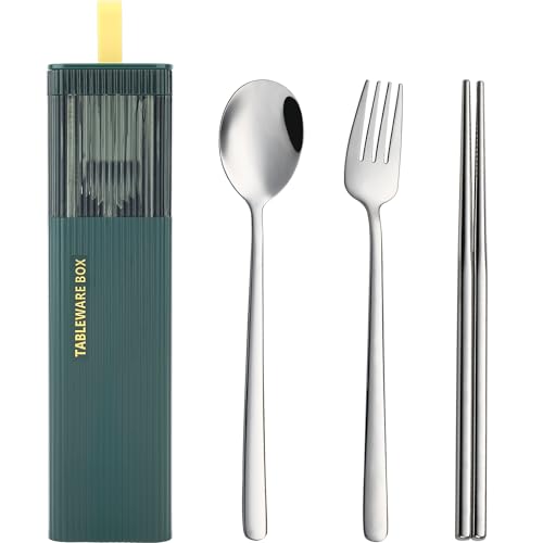 DEVICO Travel Utensils with Case, 18/8 Stainless Steel Reusable Silverware Set for Lunch Box, Portable Cutlery Set, Fork and Spoon Set for Camping, Lunch, Picnic, Workplace, School (Dark Green) - color: Dark Green
