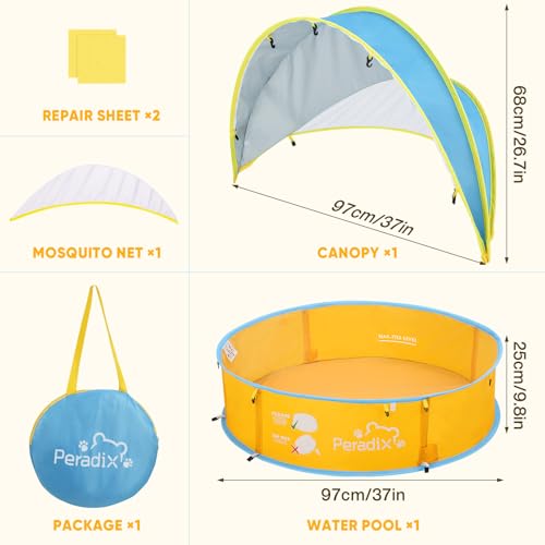 Peradix Baby Beach Tent, Paddling Pool for Kids & Pets with UV Sun Shelter Canopy, Mosquito Net - Portable Pop Up Infant Ball Pit Tent, Toddler Wading Pool, Perfect for Summer Beach Fun - color: Yellow-blue