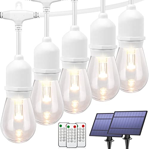 Mlambert 96FT(2x48FT) 3-Color in 1 Dimmable Solar String Lights Outdoor, Remote Patio String Lights with 30+5 LED Bulbs for Pergola Outside-White Cord - color: White, size: 96FT