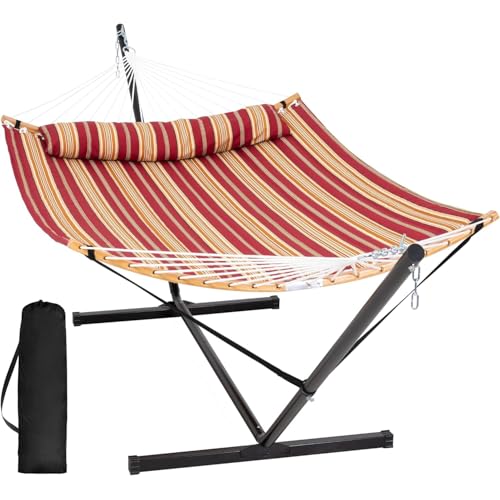 SUNCREAT Hammocks Portable Hammock with 12 ft Stand Included, Double Hammock with Curved Spreader Bar, Red Stripes - color: Red Stripes