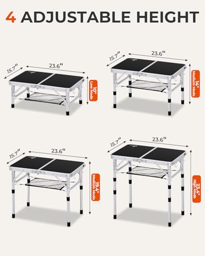 Sportneer Camping Table: Adjustable Height Small Folding Table 23.6" L x 15.7" W 4 Height with Mesh Layer - Compact & Portable Camping Essentials for Outdoor Camp Garden Picnic BBQ Dining Cooking - color: Black, size: 23.6"L x 15.7"W (4 Height)