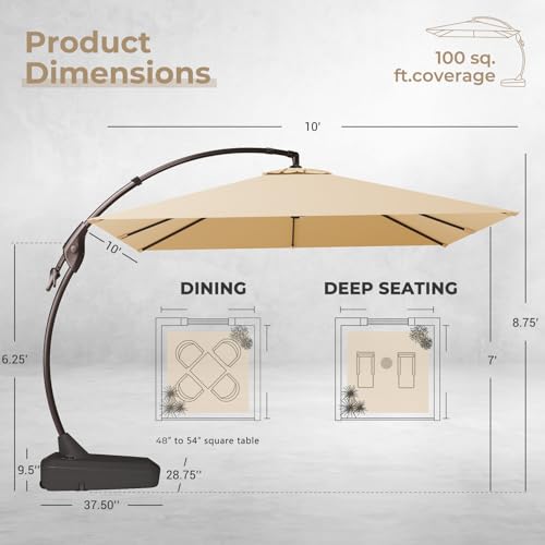 Grand patio Sunbrella 10x10 FT Cantilever Umbrella with Base Included Patio Square Aluminum Offset Umbrellas for Outdoor Pool (Flax, 10X10 FT-SUNBRELLA) - color: Flax-SUNBRELLA, size: 10X10 FT