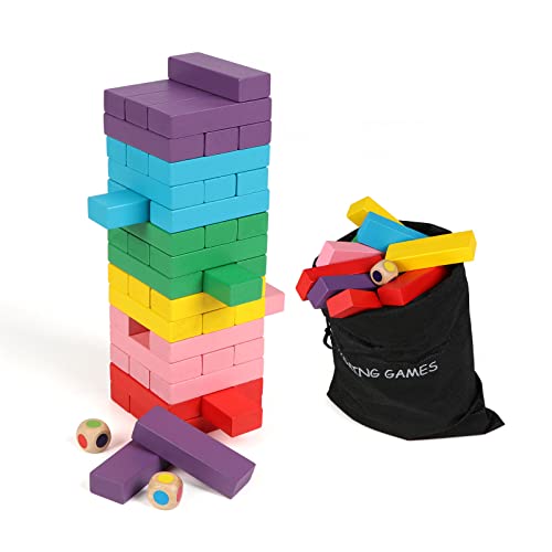 Wooden Blocks Stacking Games, 48PCS Tumbling Stacking Blocks Game for Kids and Families, Wood Colorful Balancing Blocks Montessori Toys for Kids with Storage Bag - style: 48PCS