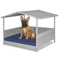 Giantex Wicker Dog House, Raised Rattan Dog Bed with Waterproof Roof, Washable Cushion Cover, Steel Frame, Indoor Outdoor Elevated Dog Bed Pet House for Small Medium Dogs Cats, Easy Assembly - style: Light Gray House & Navy Cushion