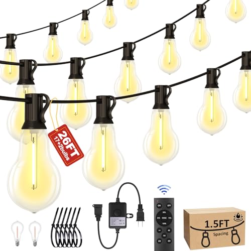26FT Outdoor String Lights Waterproof with 17+2 Bulbs (1.5FT Bulbs Spacing), Remote & Dimmer, Commercial Patio String Lights with 3 Mode Light & Timing, 50PC Mounting Ties for Outside - size: 26FT With Remote