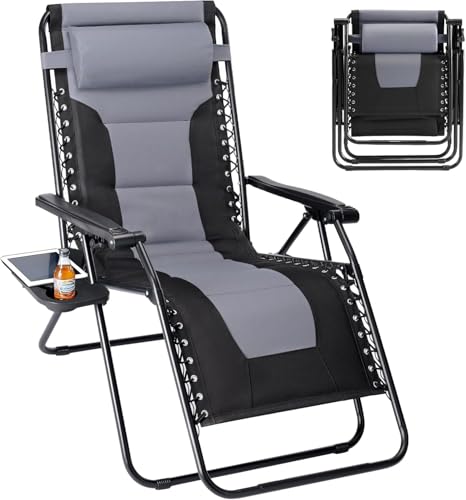 Simple Deluxe Relaxing Recliners Patio Chairs Adjustable Steel Mesh Zero Gravity Lounge Chair Beach Chairs with Pillow and Cup Holder, Black Grey - color: Black Grey, size: 62.2"(L) x 29.13"(W) x 41.73"(H)