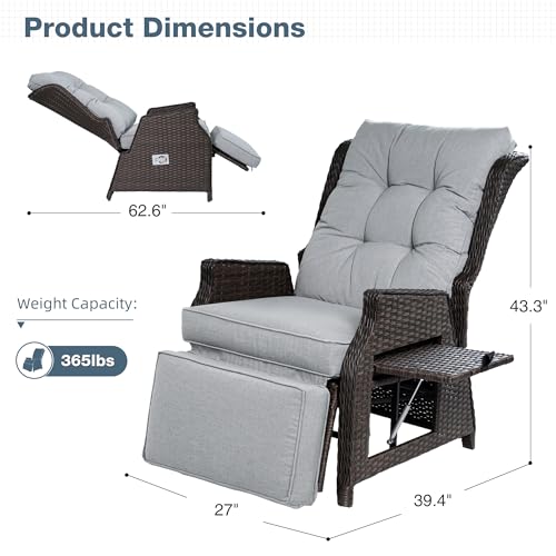 Outdoor Indoor Wicker Recliner with Adjustable Back and Footrest, Patio Reclining Chair with Flip-up Table, Outdoor Rattan Lounge Chair, Light Grey 2PCS - color: Light Grey, size: 2PCS