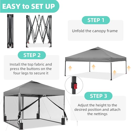GDY 10x10 Pop up Canopy Tent with Mosquito Netting, Easy up Gazebo for Patio, Camping and Garden, Includes 4 Sandbags, Gray - color: Gray, size: 10x10 with Mosquito Netting
