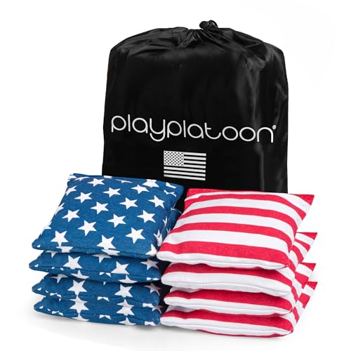 Play Platoon Cornhole Bags Weather Resistant- Set of 8 Regulation Bean Bags for Tossing- Official Professional Size & Weight Corn Hole Bags Two Color All Weather Cornhole Beans Bag Set with Tote Bag - color: American Flag
