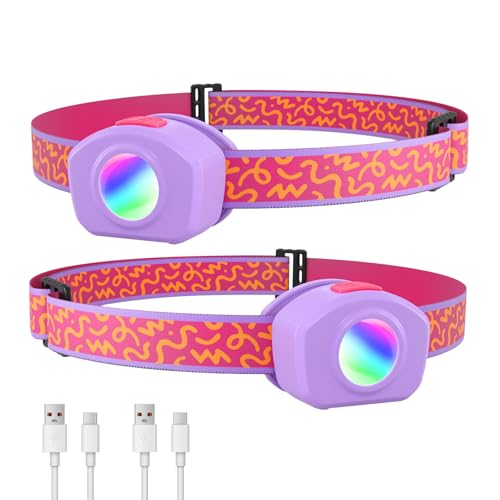 EverBrite LED Headlamp Rechargeable Kids Headlamp with RGB Mode and Adjustable Headband, 3 Modes Multicolor Headlamp for Camping, Reading, Exploring, Hiking-2 Pack - color: Sweety 2 Pack