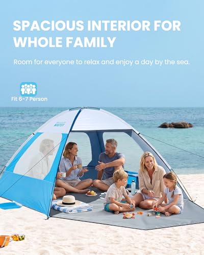 OutdoorMaster Beach Tent for 3/4/6/8 Person - Easy Setup Sun Shade Shelter, Portable Beach Shade Sun Canopy with UPF 50+ UV Protection, Removable Skylight Family Size - color: Icy Blue, size: 6 Person