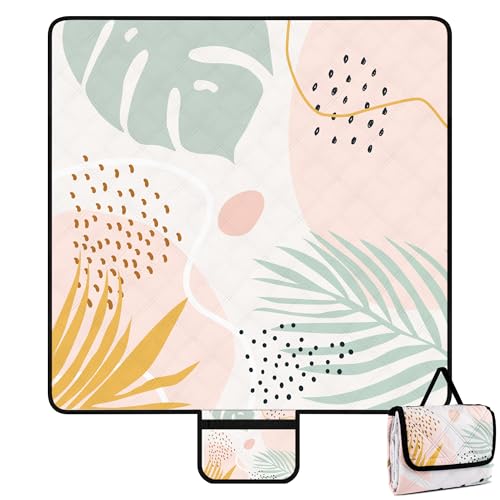 Picnic Blankets,79''x79'' Extra Large Sandproof Waterproof Beach Blanket,Foldable Portable 3-Layer Polyester Outdoor Picnic Blanket for Grass Lawn,Beach,Family Camping,Park,Travel-Tropical Leaves - color: Tropical Leaves