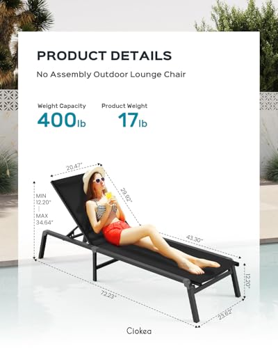 Patio Chaise Lounge Chair, Foldable Lounge Chair for Outside, Aluminum Chairs Set of 2 with 5 Adjustable Backrest, Outdoor Pool Lounger for Poolside, Lawn, Deck, Black - color: Black, size: 2 Packs