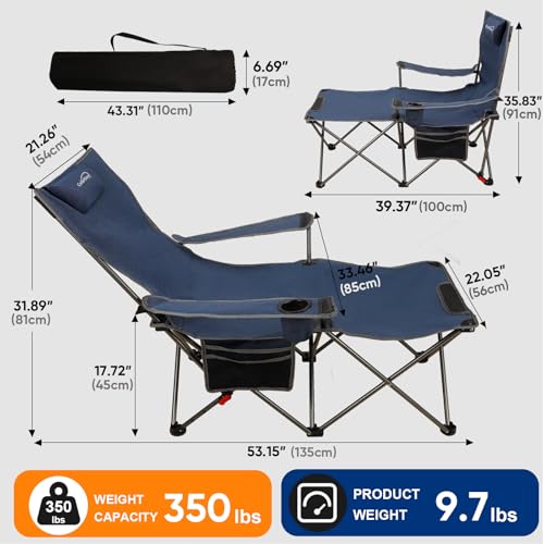 Colorsoul Reclining Camping Chair w/Foot Rest, Adjustable 90°- 135° Lounge Beach Chair for Adults, Heavy Duty Outdoor Folding Chairs w/Padded Pillow, Cup Holder, for Patio Beach, Supports 350lbs,Blue