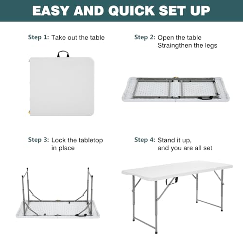 FDW 4 Foot Outdoor Dining Table, Foldable Portable Rectangular Plastic Folding Table with Built in Carrying Handle and Height Adjustable for Party and Wedding Use, White - color: White, size: 4 FT
