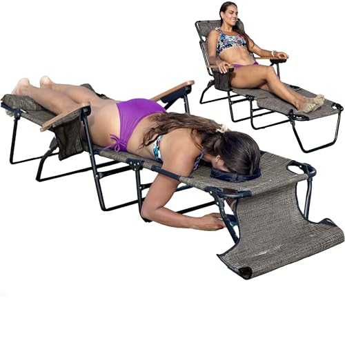 EASYGO PRODUCTS FLIP Face Down Tanning Chaise Lounge Chair with Face & Arm Holes - 4 Legs Support - Textilene Material - 6 Position - Arm Head Rest Pillow - Beach or Home Use - color: Flip Brown