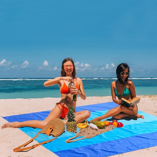Beach Blanket with Pillow Sandproof Waterproof Extra Large Beach Mat Lightweight Compact Quick Drying with 4 Stakes&4 Corner Pockets 79"*83" for 1-4 Adults for Camping Picnic Travel Hiking - color: 5-blue Stripe, size: 79"*83"