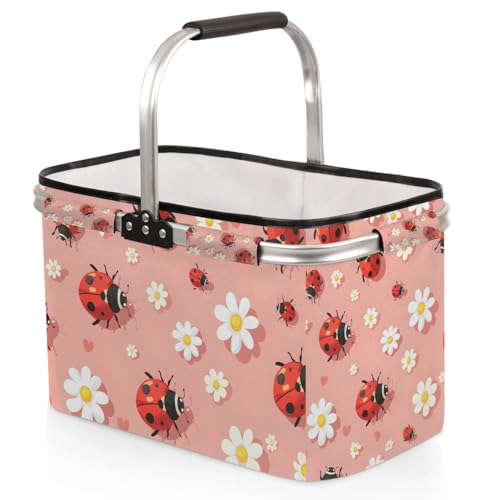 Picnic Basket, MARYHFENVA Shopping Basket with Handle 40L Collapsible Grocery Basket Portable Folding Basket for Travel Camping Reusable Market Bag - color: Ladybird(style 2)