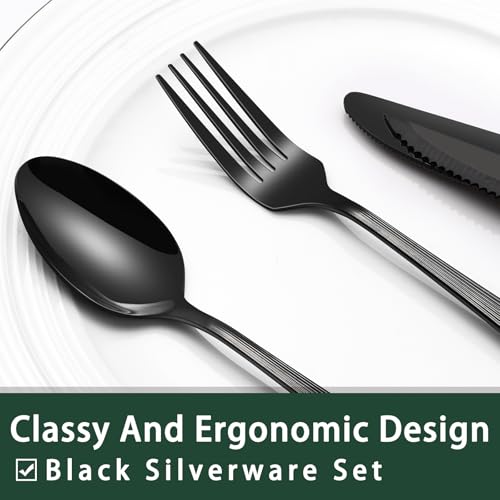 EWFEN 24-Piece Black Silverware Set with Steak Knives, Black Flatware Set for 4, Food-Grade Stainless Steel Tableware Cutlery Set, Mirror Finished Utensil Sets for Home Restaurant, Roman Column - style: Roman Column