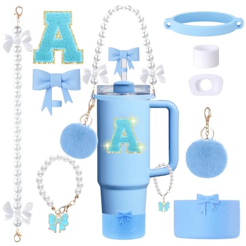 9pcs Stanley Cup Accessories Set- for 30oz 40oz Tumblers with Handle - Bule Kit Includes Bow Straw Topper and Boot, Charm, Pearl Handle Strap & Stickers - Aesthetic Girl Gifts (A) - color: A.