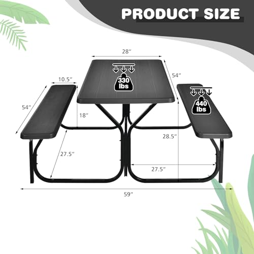 Moccha Picnic Table Bench Set - Portable Plastic Picnic Table w/Steel Frame & Wood-Like Texture, All Weather Heavy Duty Picnic Table Kit, Picnic Tables for Outdoors Garden Patio Party Dining (Black) - color: Black