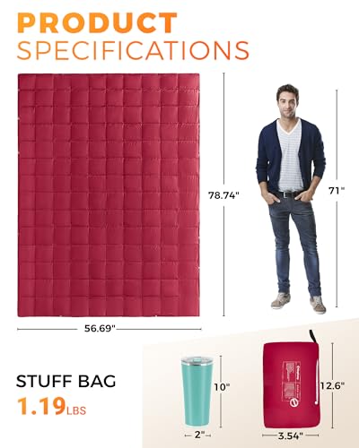 KingCamp Ultralight Camping Blanket, Packable Down Alternative Puffy Wearable Blankets Weatherproof Warm Package Quilt with Snap Buttons for Outdoor Hiking Travel Picnic Stadium (78.7" L x 56.7" W) - color: Puretrail-grid Red, size: 79" x 57"