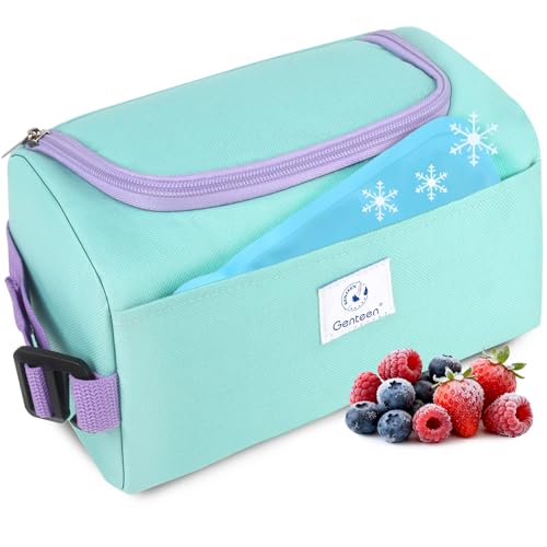 Genteen Lunch Bag Kids,Small Cooler Bag with Ice Packs,Freezable Lunch Bag/Snack Bag,Insulated Bag Reusable, with Zip Closure & Buckle Handle for Travel/School/Work,Light Green - color: Light Green