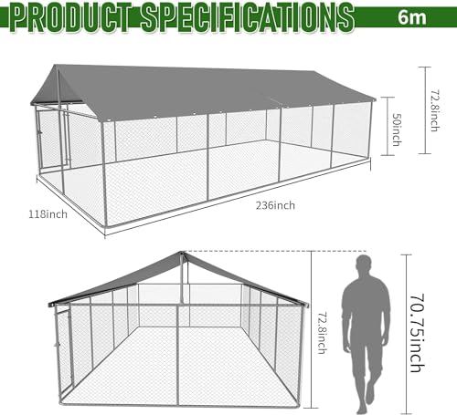 Outdoor Dog Enclosure Heavy Duty Dog Kennel House Mesh Dog Big Cage Pet Kennel Steel Fence with Secure Lock(19.68'*9.84') - size: 236.0"L x 120.0"W x 65.0"H