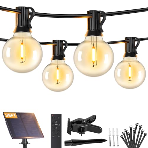 Brightever 38FT Solar String Lights Outdoor with Remote and 15+1 LED Shatterproof G40 Bulbs, Dimmable & Timable, 3 Lighting Modes, Waterproof Solar Power Patio Lights for Outside, Party, Cafe, Bistro - size: 38FT