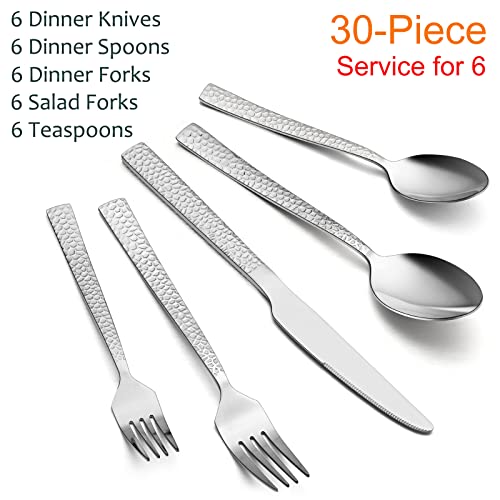 E-far Hammered Silverware Set, 30-Piece Stainless Steel Square Flatware Set for 6, Metal Tableware Cutlery Set Includes Dinner Knives/Forks/Spoons, Modern Design & Mirror Polished - Dishwasher Safe - size: 30-Piece for 6