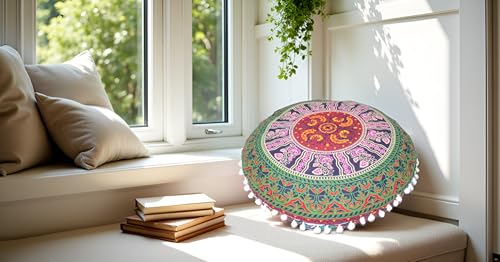 CRAFT KALA 22" Bohemian Floor Pillow Pouf Cover Mandala Boho Large Round Meditation Room Pillow Covers for Adults Seating Poufs Cushion Cover for Kids Playroom Multi 6 Color