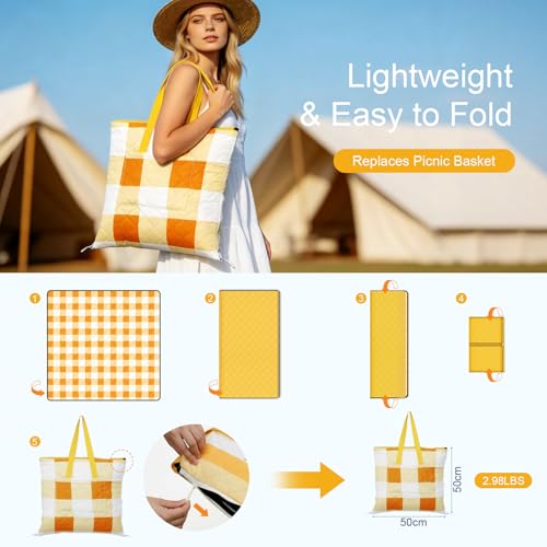 2 in 1 Tote Picnic Blanket Waterproof Outdoor Camping Mat,Large Capacity Beach Blanket 80''x80'' 7 Layers Easy to Foldable and Carry. - color: Yellowcheck