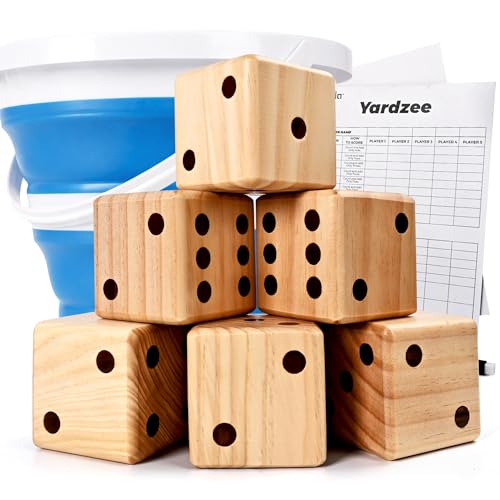 ropoda 3.5" Giant Wooden Yard Dice Set for Outdoor Fun, Barbeque, Party Events, Backyard Games, Lawn Games Includes 6 Dice, Collapsible Bucket, Score Cards & Dry Erase Marker
