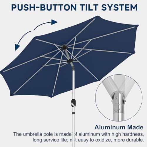 10FT Aluminum Outdoor Patio Umbrella, Fade-Resistant Market Umbrella with Push Button Tilt Function, 8 Sturdy All-Aluminum Ribs for Gardens, Patios, Backyards & Pools - color: Navy Blue, size: 10FT-1Tier (Aluminum Umbrella)