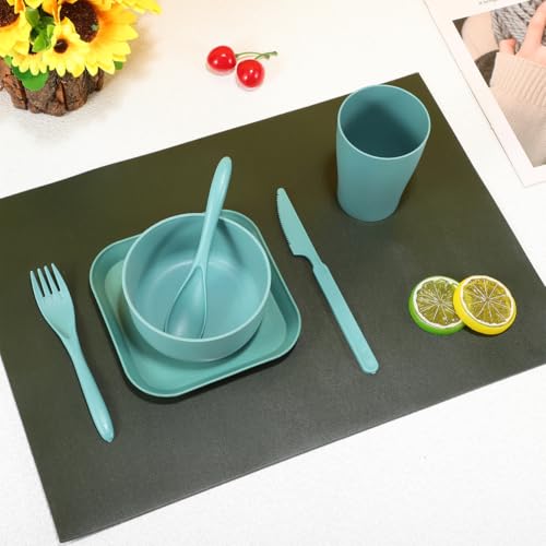 Wheat Straw Tableware Set Unbreakable Dinnerware with Reusable Utensils Lightweight Plates Bowls and Cutlery for Home Picnic Travel Dishwasher Safe