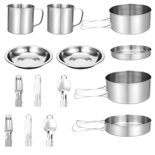 15 Pcs Camping Cookware Set, Stainless Steel Outdoor Camping Cooking Kit with Pot and Pan Cups Plates Forks Knives Spoons Kit for 1-2 Person Camping, Backpacking, Outdoor Cooking and Picnic