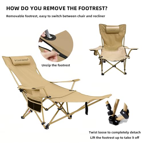 Reclining Camping Chair with Footrest, 4-Position Adjustable Back Folding Lounge Chair for Adult | Heavy-Duty Beach Chairs with Cup Holder & Carry Bag for Beach, Camping, Backyard, Fishing - color: Yellow