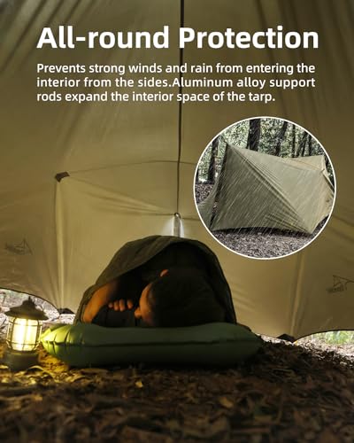 Ultralight Tarp, 14ft Hammock Rain Fly Lightweight Waterproof Camping Tent Tarp with Doors, Bushcraft Tarp Shelter for Backpacking Hiking Camping - color: Army