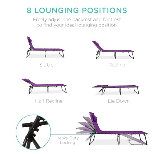 Best Choice Products Patio Chaise Lounge Chair, Portable Outdoor Folding Recliner for Lawn, w/ 8 Positions, Handles, 300lb Capacity - Purple - color: Purple