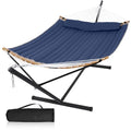 2 Person Hammock with Stand Included, Outdoor Hammock with Curved Spreader Bar, Pillow and Carrying Bag, 450 Lbs Capacity, Navy Blue - color: Navy Blue