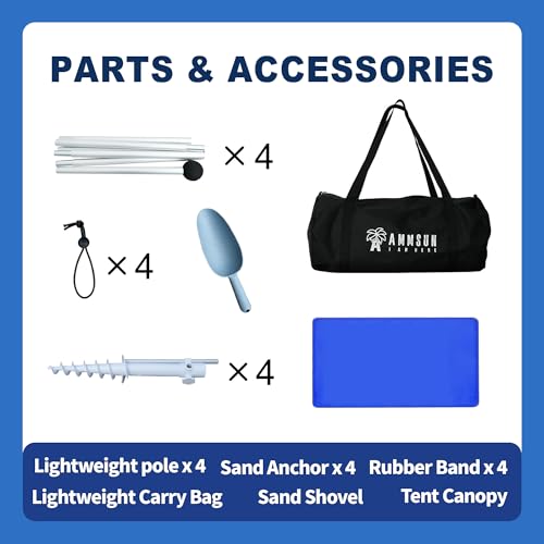 AMMSUN Beach Tent Sun Shelter, 10x10.5 FT Beach Canopy Tent Sun Shade with 4 Sand Anchor & Sand Bags | UPF 50+ Protection | 4 Thickened Poles | Windproof & Lightweight for Camping, Blue - color: Blue, size: 10x10.5 FT (4 Pole)