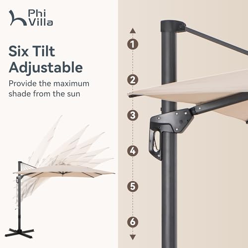 PHI VILLA 9'x 12' Cantilever Patio Umbrella with Crank Handle, 6-Level Tilt & 360° Rotation, Aluminum Square Outdoor Offset Umbrella Windproof & Crashproof for Garden, Deck, Pool (Beige) - color: Beige, size: 9'x12'- No Base