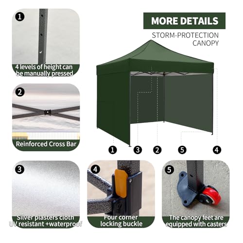 10x10 Pop up Canopy Tent with Sidewalls,Heavy Duty Waterproof Sun Shade Canopy Easy up Canopy with Wheel Bag Commercial Gazebo Tent for Outdoors Parties Vendors Camping Beach(Dark Green) - color: Dark Green