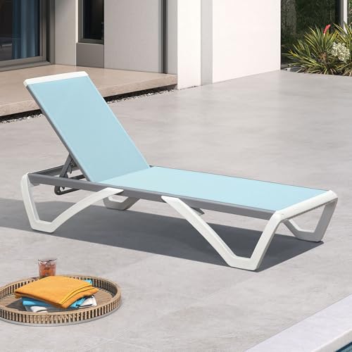 PURPLE LEAF Patio Chaise Lounge Chair Outside Aluminum Plastic Stackable Tanning Chairs for Pool Sunbathing Beach Deck Outdoor Lounger, Light Blue - color: Light Blue, style: 1 chair