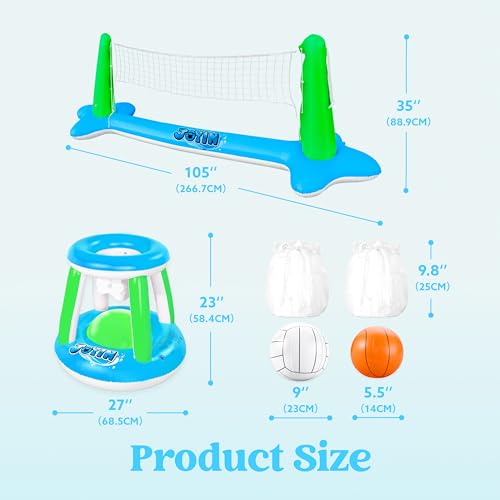 JOYIN Inflatable Volleyball Net & Basketball Hoops Pool Float Set; Balls Included for Kids and Adults, Summer Pool Game, Floaties, Volleyball Court (105”x28”x38”) Basketball (27.6”x23”),Green,Blue - color: Green Blue, size: Large