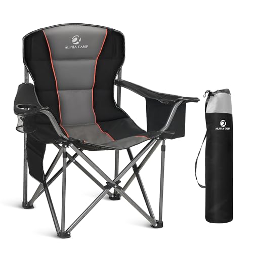 ALPHA CAMP Oversized Folding Camping Chair, Heavy Duty Portable Lawn Chairs with Cooler Bag, Side Pocket & Cup Holder, Folding Chairs for Outside Support 450 LBS - color: Black, size: Single Pack