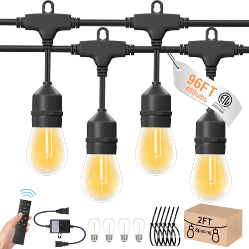 96ft Outdoor String Lights with Remote & Dimmer,48+4 Commercial Grade IP65 Waterproof Bulbs, 2700K Warm White,3 Lighting Modes & Timer,Includes 50 Cable Ties for Patio,Garden, Party（48FT*2） - size: 96FT with 48+4Bulbs(48FT*2)