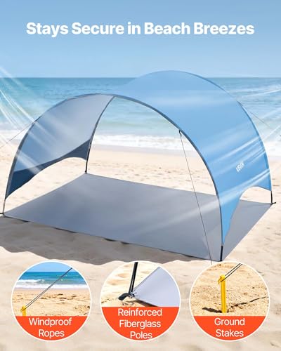 VEVOR Beach Tent Sun Shelter for 4 Person, UPF 50+, Portable Sun Shade Beach with Carrying Bag & Ground Stakes, Lightweight and Easy Setup Beach Umbrella for Camping Fishing Outdoor Picnic - size: 4 Person