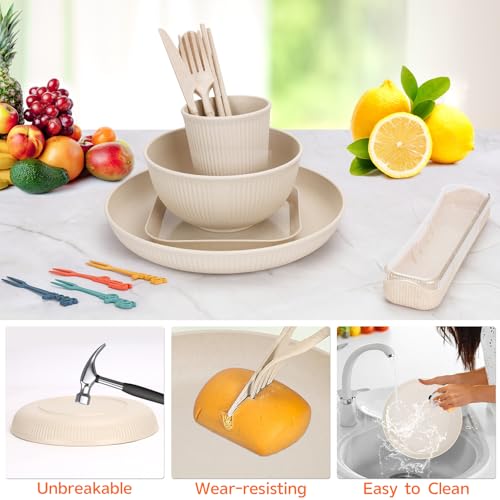 48 Pcs Dinnerware Sets, Unbreakable Plates and Bowls Sets, Reusable Dinnerware Sets for 4 People, Travel Camping Picnic Home Party Cutlery Set, Dishwasher Microwave Safe Dishes - color: 48pcs Beige, style: 48PCS
