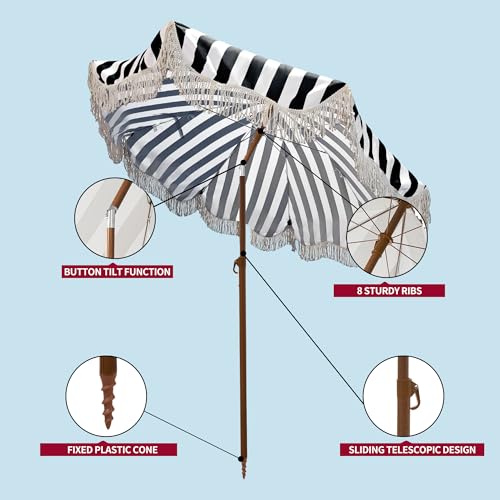 Rayjee 6.5FT Patio & Beach Umbrella with Fringe, Outdoor Sun Umbrella with Tilt & Adjustable Height, Aluminum Pole Market Umbrella for Garden, Deck, Pool & Beach - color: Blue and white stripes